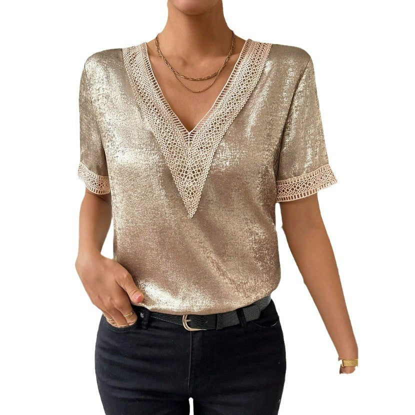 Serene Lace-Trim Short Sleeve Blouse