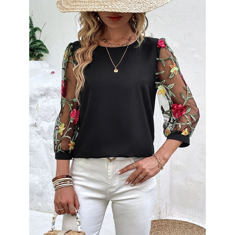 Flora Mesh Puff-Sleeve Embroidered Tee