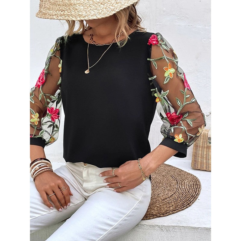 Flora Mesh Puff-Sleeve Embroidered Tee