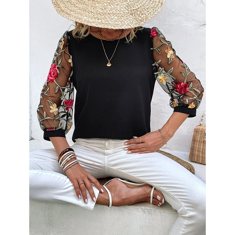 Flora Mesh Puff-Sleeve Embroidered Tee