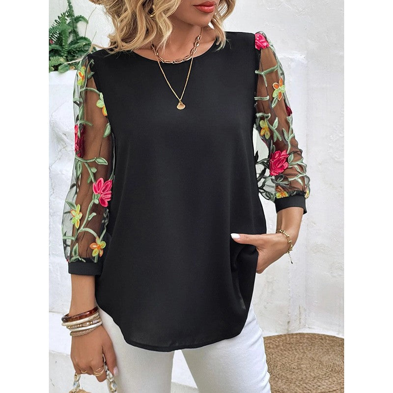 Flora Mesh Puff-Sleeve Embroidered Tee