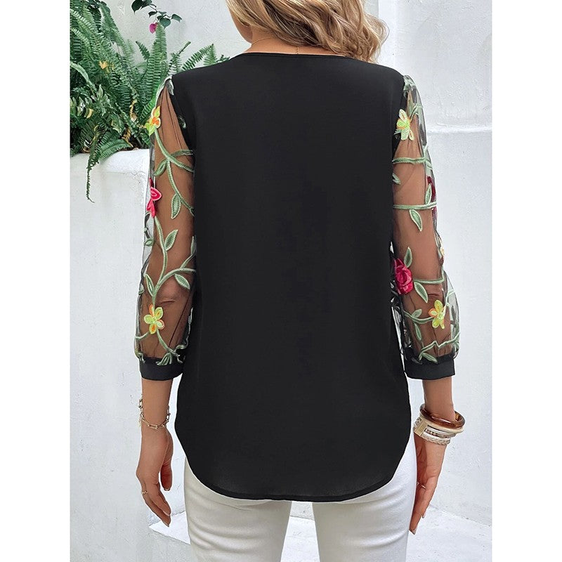 Flora Mesh Puff-Sleeve Embroidered Tee