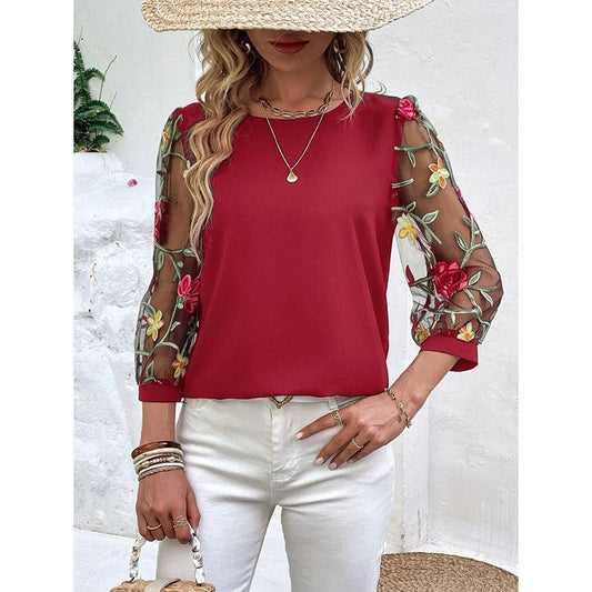 Flora Mesh Puff-Sleeve Embroidered Tee