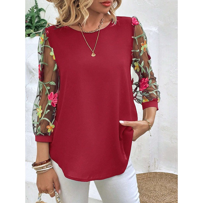 Flora Mesh Puff-Sleeve Embroidered Tee