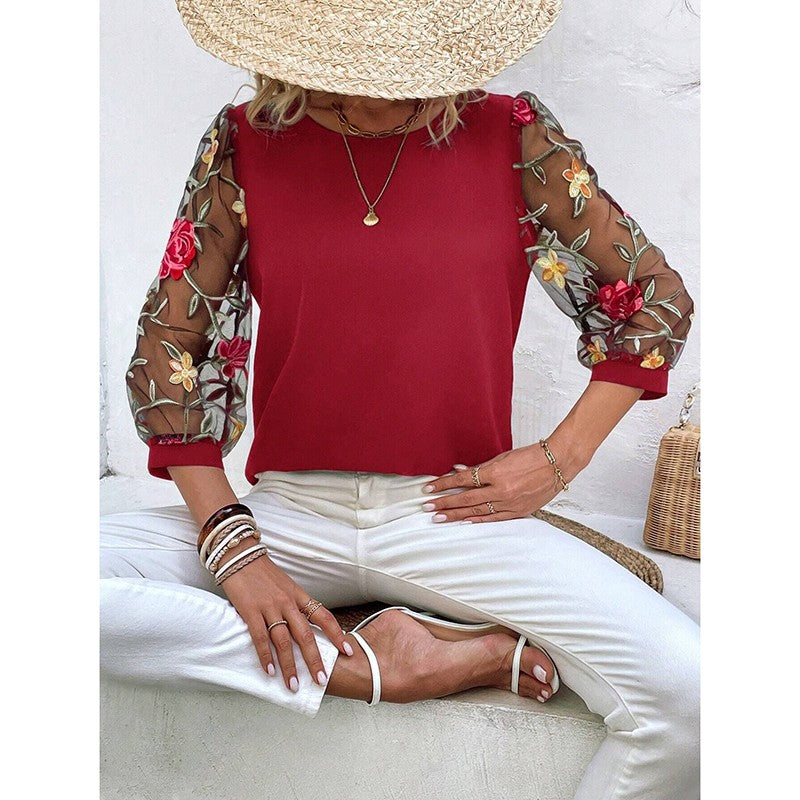 Flora Mesh Puff-Sleeve Embroidered Tee