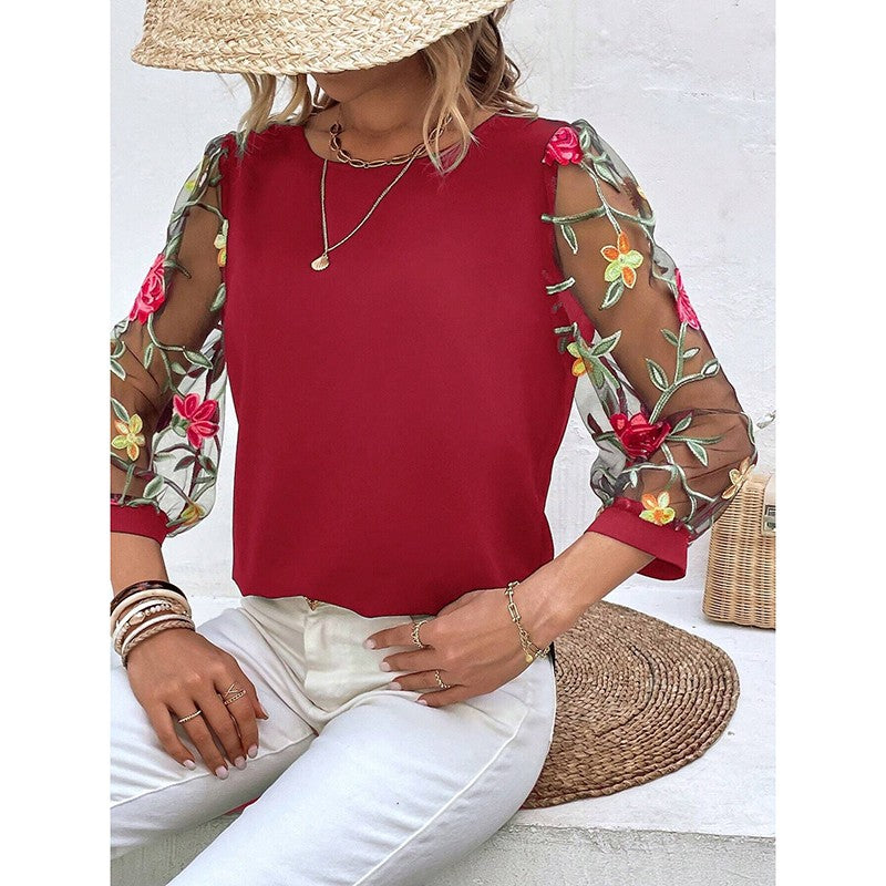Flora Mesh Puff-Sleeve Embroidered Tee