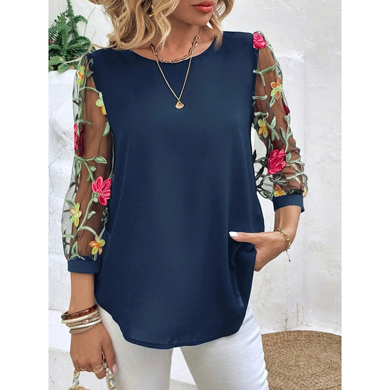 Flora Mesh Puff-Sleeve Embroidered Tee