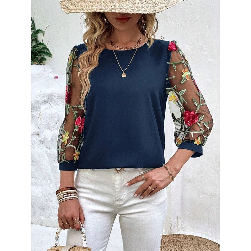 Flora Mesh Puff-Sleeve Embroidered Tee