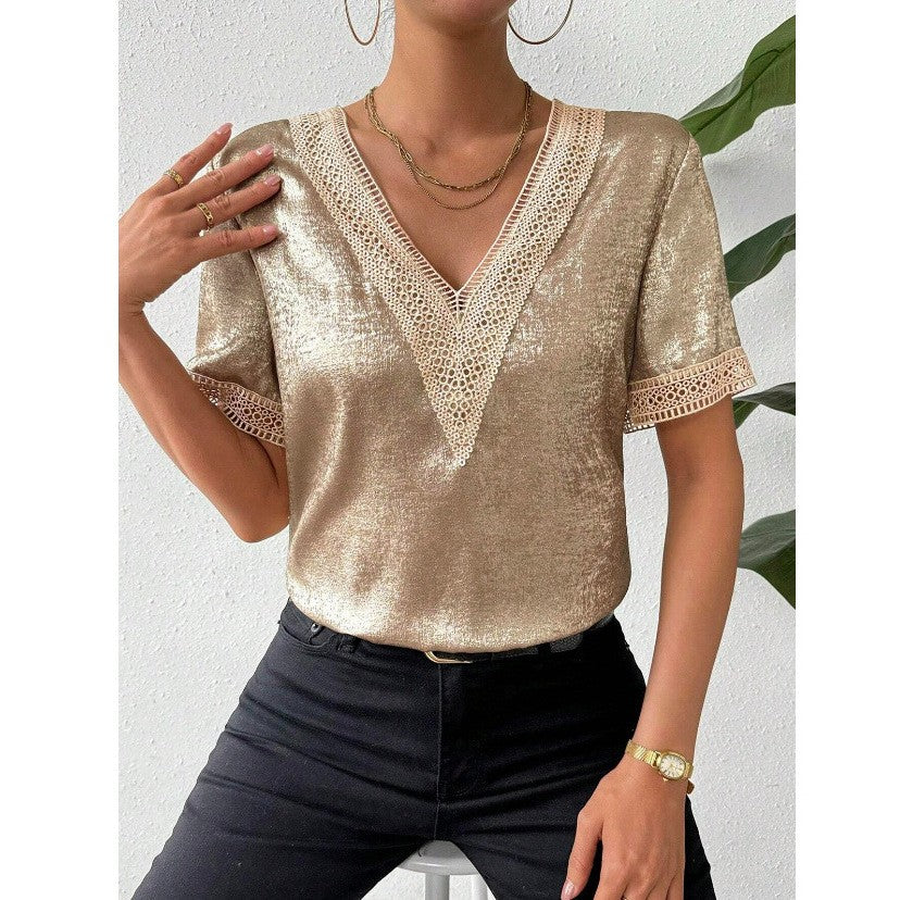 Serene Lace-Trim Short Sleeve Blouse