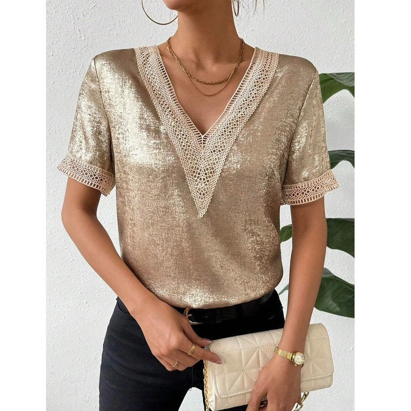 Serene Lace-Trim Short Sleeve Blouse