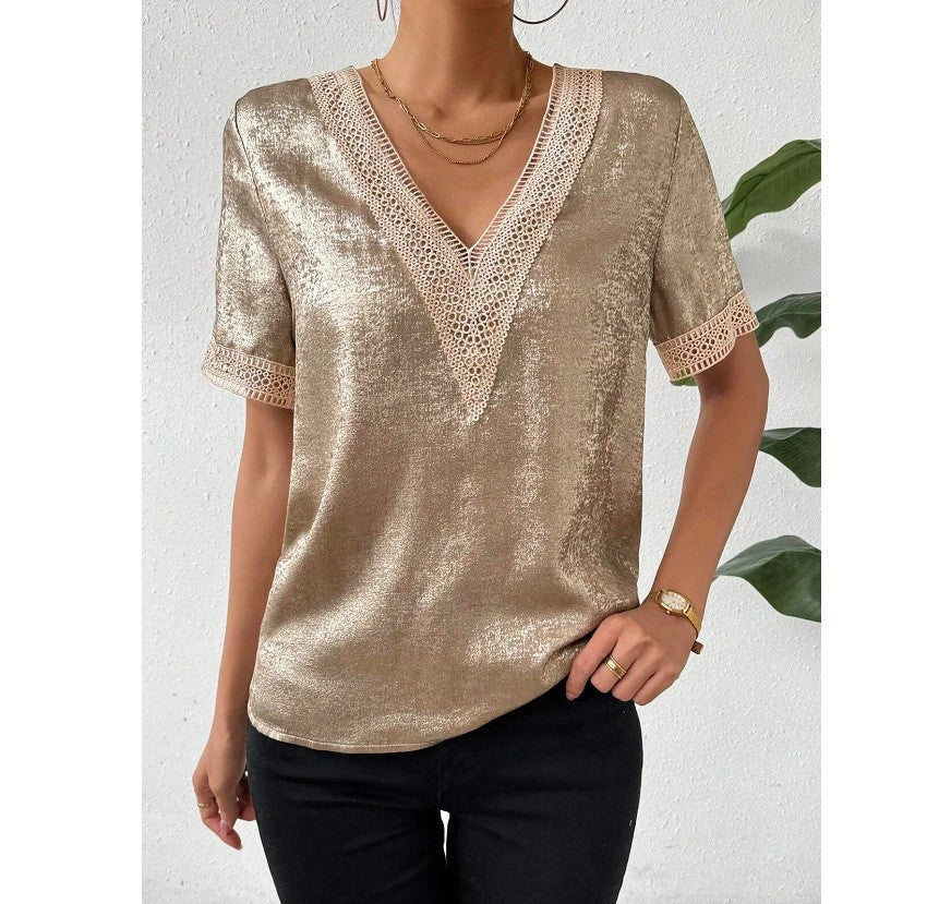 Serene Lace-Trim Short Sleeve Blouse
